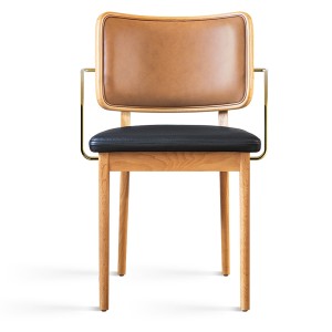 Chaise tapissier chêne et cuir noir et tabac avec accoudoirs - Red Edition