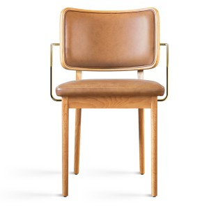 Oak and tobacco leather upholstered chair with armrests - Red Edition