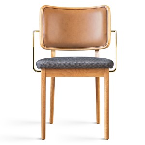 Oak and tobacco and caviar leather upholstered chair with armrests - Red Edition