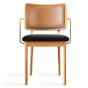 Oak and tobacco leather and velvet upholstered chair with armrests - Red Edition