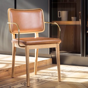 Oak and tobacco leather upholstered chair with armrests - Red Edition