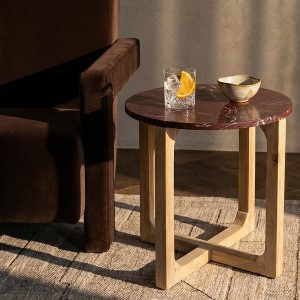 Vue de dessus plateau rond marbre bordeaux veiné blanc – table d'appoint Raw Materials 50x50 – Woodely