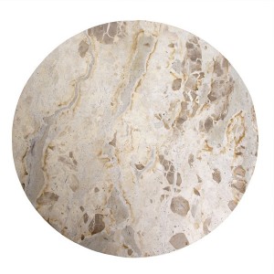 Vue de dessus plateau marbre crème nuances beige et dorées – table d'appoint Raw Materials 50x50 – Woodely