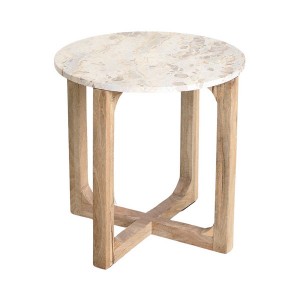 Table d'appoint ronde marbre crème bois manguier Raw Materials en situation chambre avec vase herbes pampa – Woodely