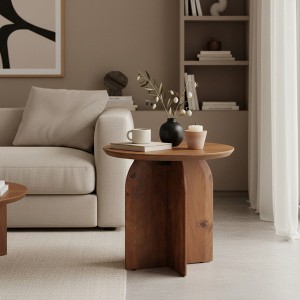 Bout de canapé en bois durable manguier Bullnose avec décoration minimaliste et naturelle.