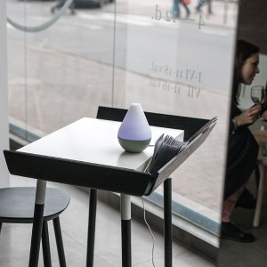 black wooden desk with white pedestal from EMKO