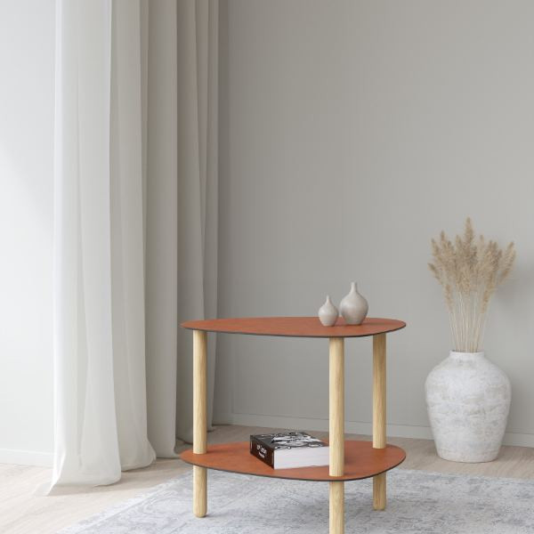 Table d'appoint Curve Lounge L cuir recyclé cognac et chêne