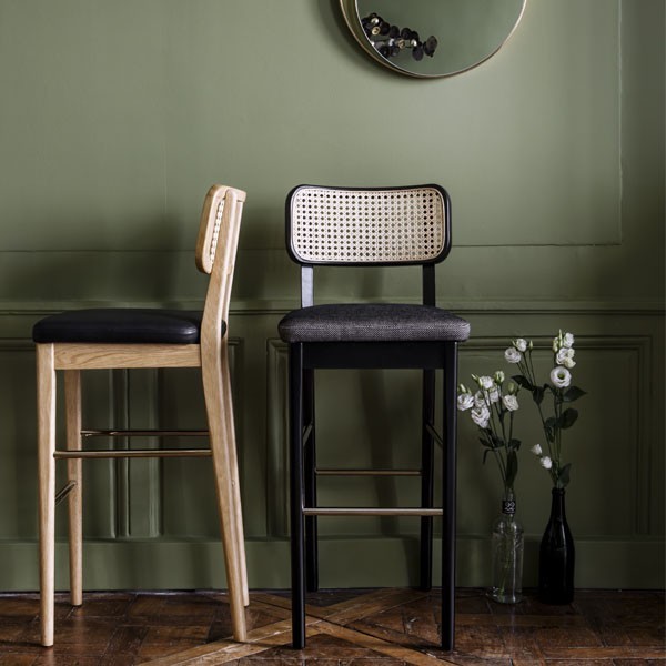 tabouret haut cuir cannage et chêne noir - Red Edition