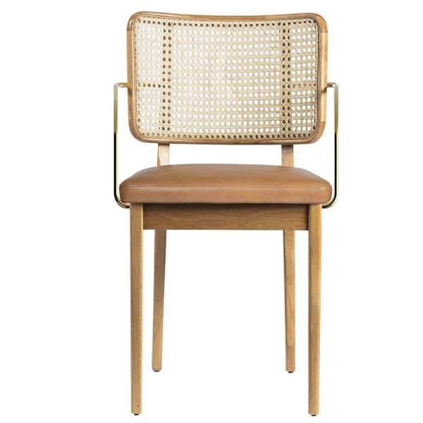 Natural oak and Tobacco leather cane chair with armrests - Red Edition
