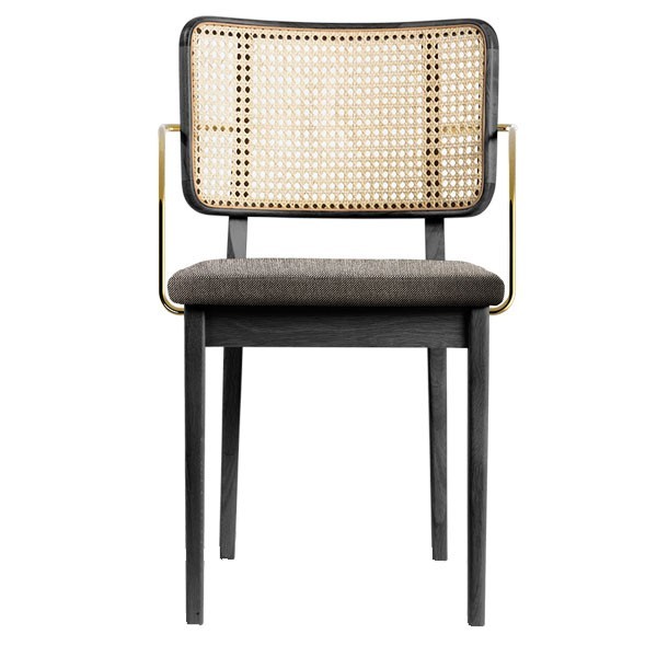 Black oak and fabric cane chair with armrests - Red Edition