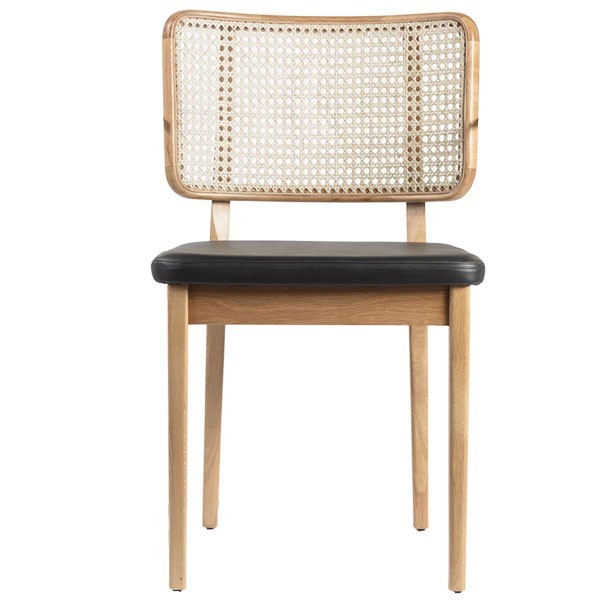 Natural oak and black leather cane chair - Red Edition