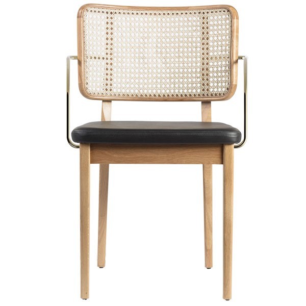 Natural oak and black leather cane chair with armrests - Red Edition