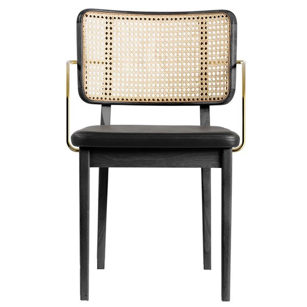 Caning chair and Red Edition fabric with brass armrests at Woodely