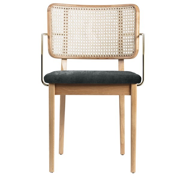 Natural oak and velvet cane chair with armrests - Red Edition