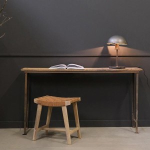 James stool in wood and brown leather - Trademark Living