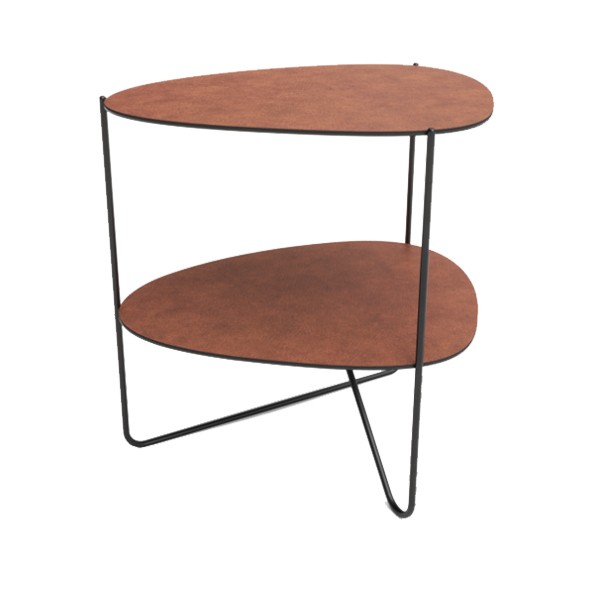 Curve metal and cognac leather coffee table with shelf - LIND DNA